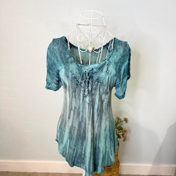 fairy vintage 90s y2k embroidered sequin patchwork babydoll flowy top - Picture 2 of 8